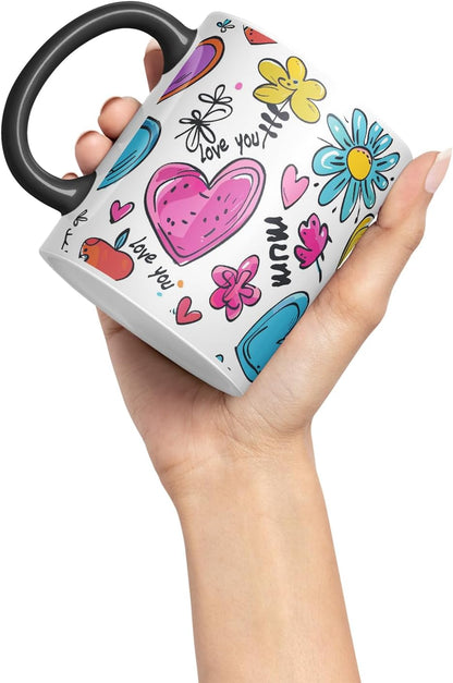 Vixar Mum Love You Colourful Hearts Pattern Mug – Coloured Ceramic Mug Cup Gift, 11oz (Black)