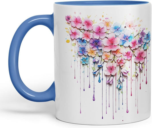 Vixar Cherry Blossom Sakura Mug Coloured Ceramic Mug Cup Gift, 11oz (C Blue)