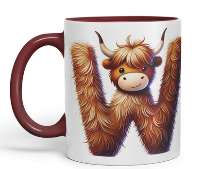 Highland Cow Alphabet Monogram Coloured Ceramic Cup Mug Letter W Rustic Farmhouse Animal Letter Gift V2 11oz (Black)
