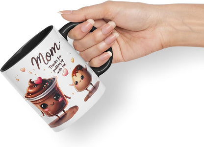Vixar Mom Thanks for Pudding Up with Me Funny Pudding Mug Mother Mum – Coloured Ceramic Mug Cup Gift, 11oz (Black)