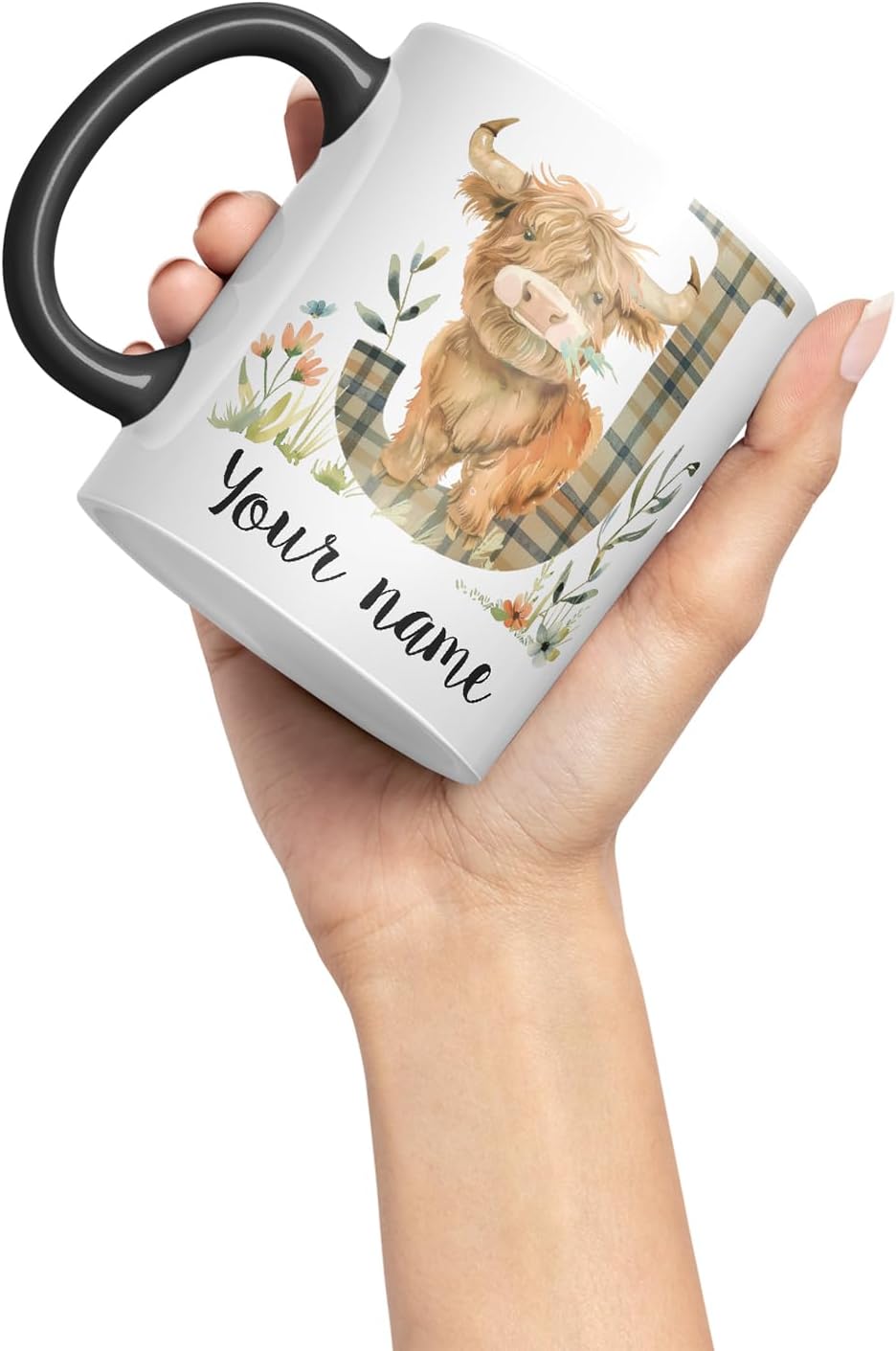 Vixar Personalised Highland Cow Initial Letter J Custom Name Mug – Coloured Ceramic Mug Cup Gift, 11oz (Black)