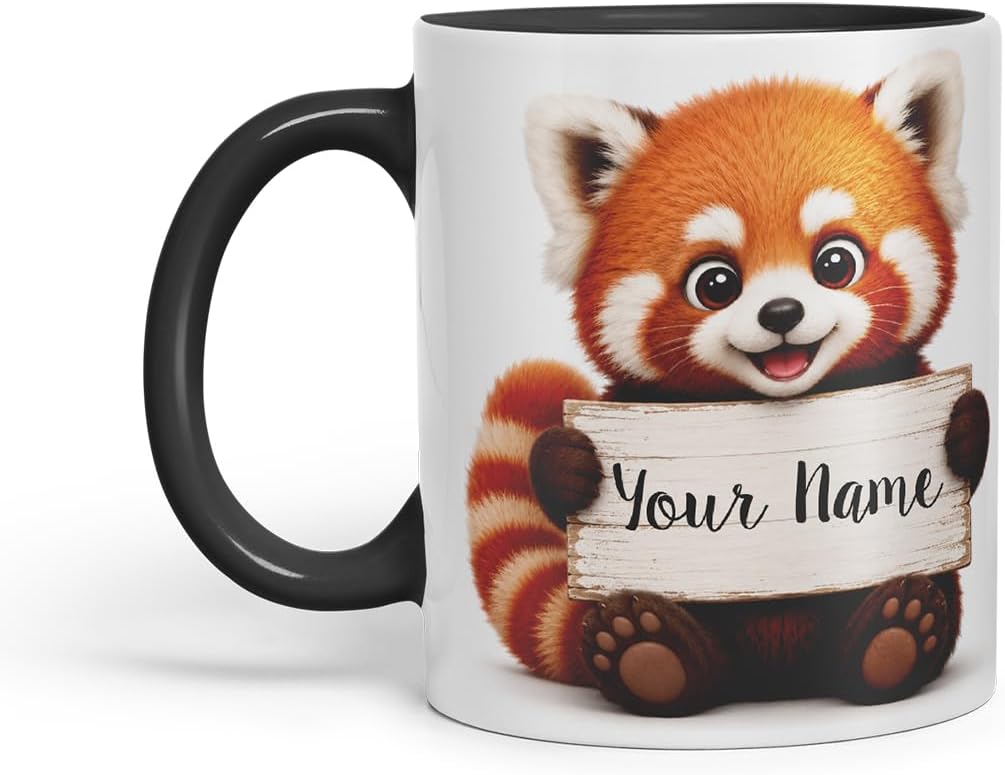 Vixar Personalised Red Panda Mug with Name or Custom Message – Cute Animal Coloured Ceramic Mug Cup Gift, 11oz (Black)