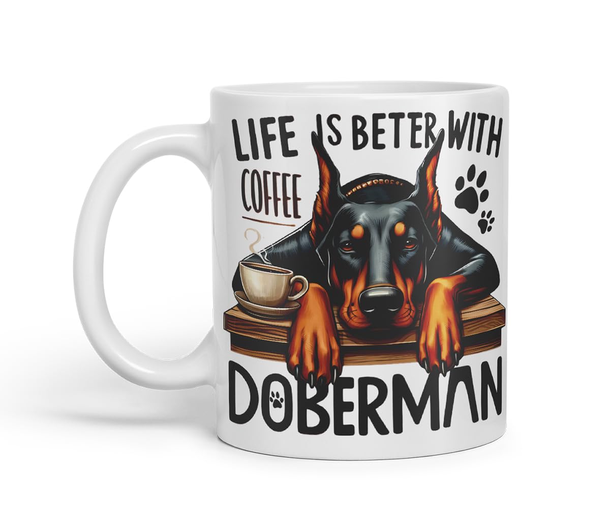 Vixar Life is Better with Coffee Doberman Dog Mug – Coloured Ceramic Mug Cup Gift, 11oz (Black)