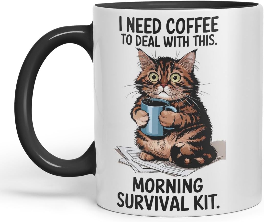 Vixar I Need Coffee to Deal with This Morning Survival Kit Cat Mug – Coloured Ceramic Mug Cup Gift, 11oz (Black)