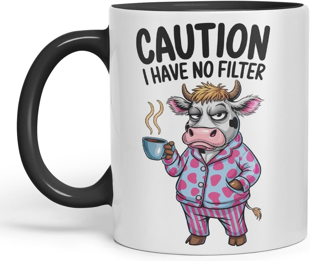 Vixar Caution I Have No Filter Cow Joke Coloured Ceramic Mug Cup Gift, 11oz (Black)