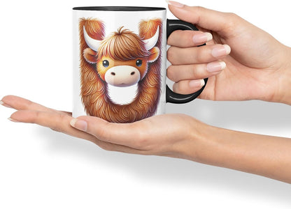 Highland Cow Alphabet Monogram Coloured Ceramic Cup Mug Letter U Rustic Farmhouse Animal Letter Gift V2 11oz (Black)