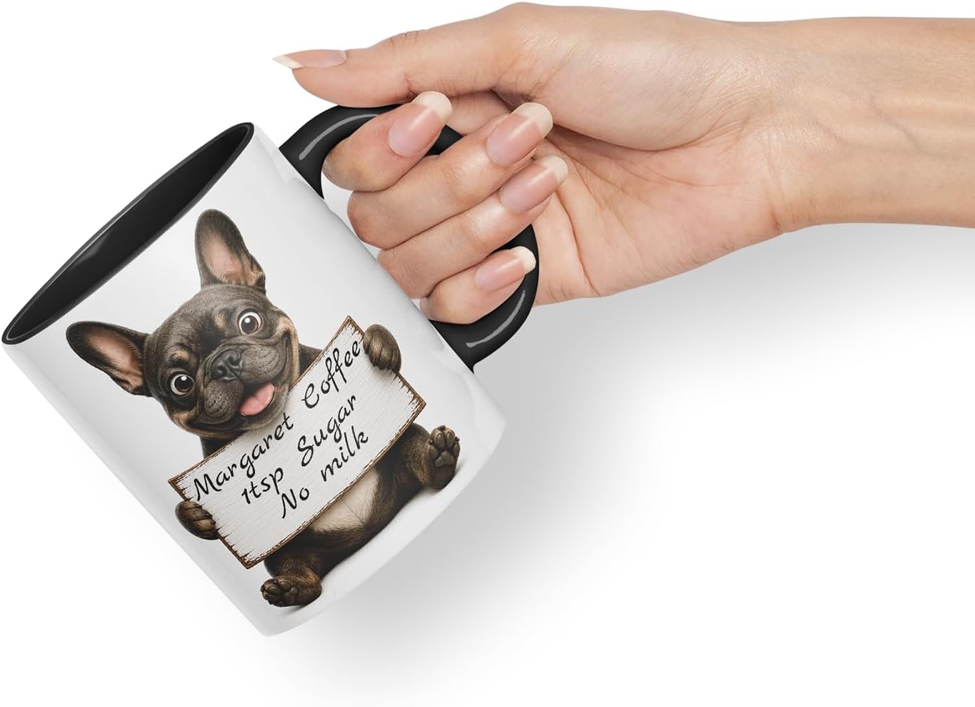Vixar Personalised French Bulldog Dog Pet Mug with Name or Custom Message – Cute Animal Coloured Ceramic Mug Cup Gift, 11oz (Black)