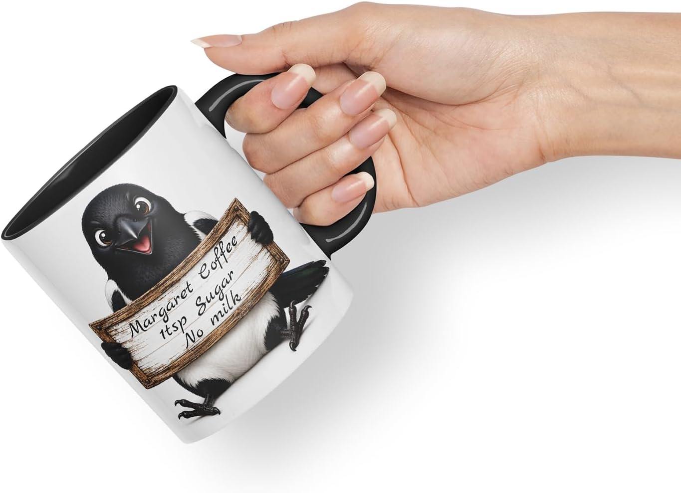 Vixar Personalised Magpie Mug with Name or Custom Message – Cute Animal Coloured Ceramic Mug Cup Gift, 11oz (Black)