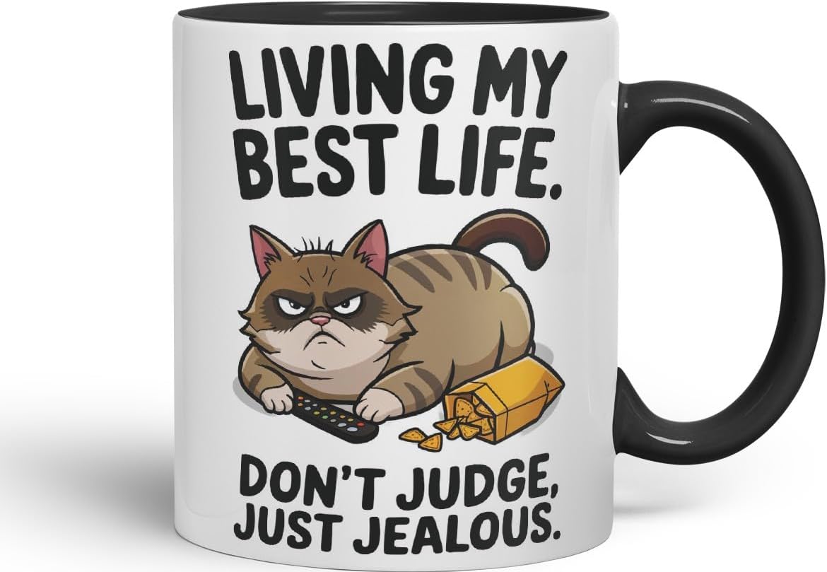 Living My Best Life Don’t Judge Cat Mug – Coloured Ceramic Mug Cup Gift, 11oz (Black)