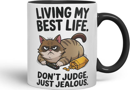Living My Best Life Don’t Judge Cat Mug – Coloured Ceramic Mug Cup Gift, 11oz (Black)