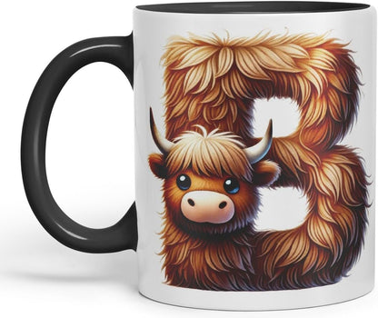 Highland Cow Alphabet Monogram Coloured Ceramic Cup Mug Letter B Rustic Farmhouse Animal Letter Gift V2 11oz (Black)