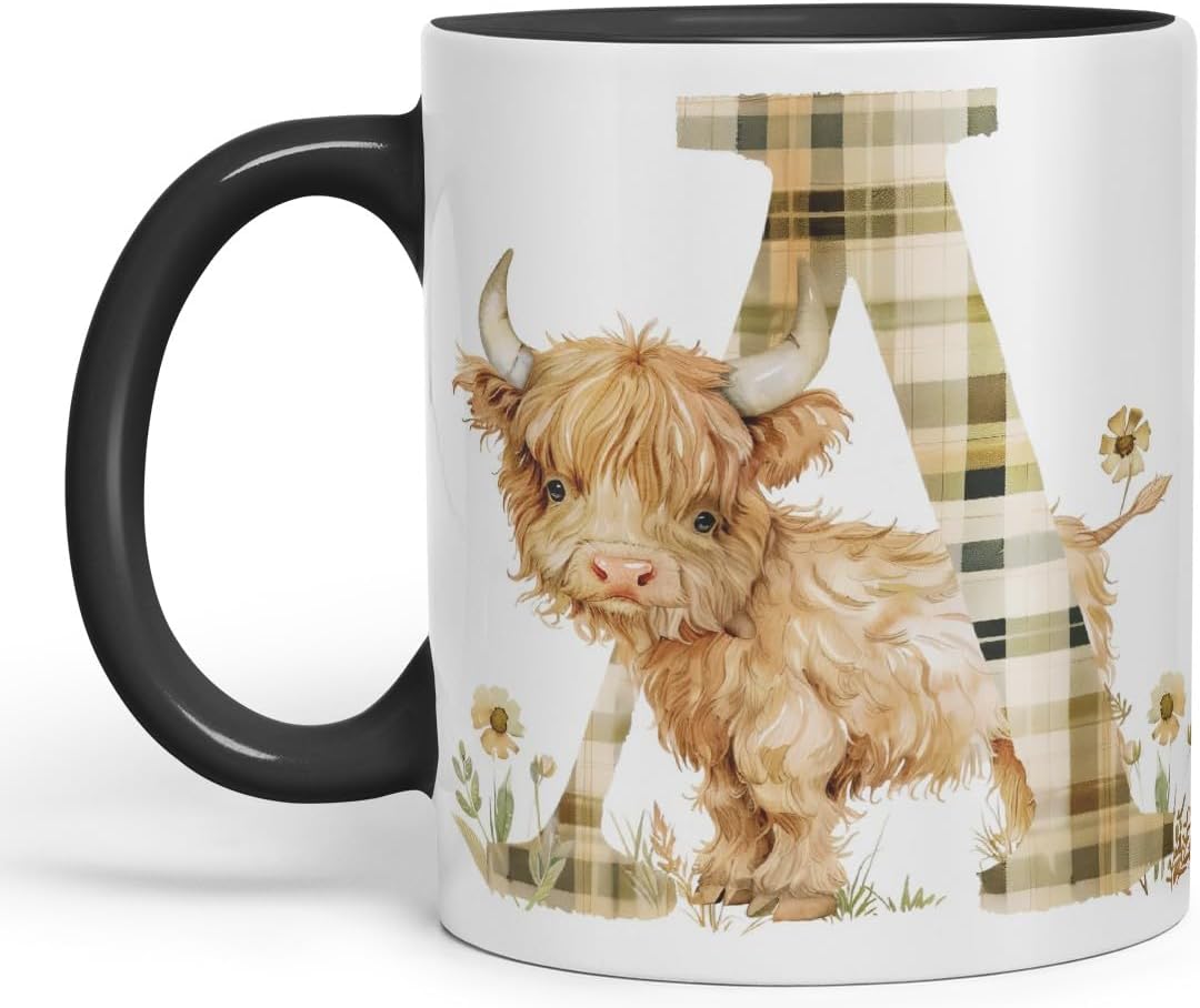 Vixar Highland Cow Alphabet Monogram Coloured Ceramic Cup Mug – Letter A – Rustic Farmhouse Animal Letter Gift – 11oz (Black)