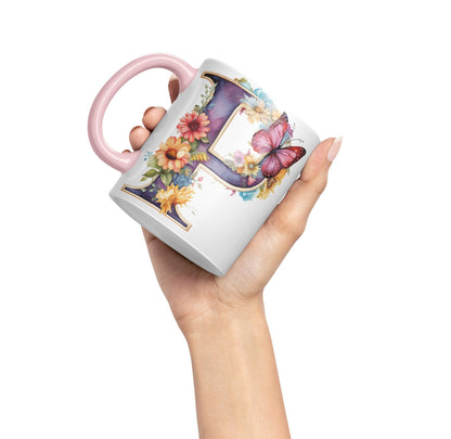 Letter P mug, Floral flowers butterfly Alphabet Letter P Monogram watercolour Ceramic Coloured Mug Cup for Tea Coffee Hot brew 330ml 11Oz