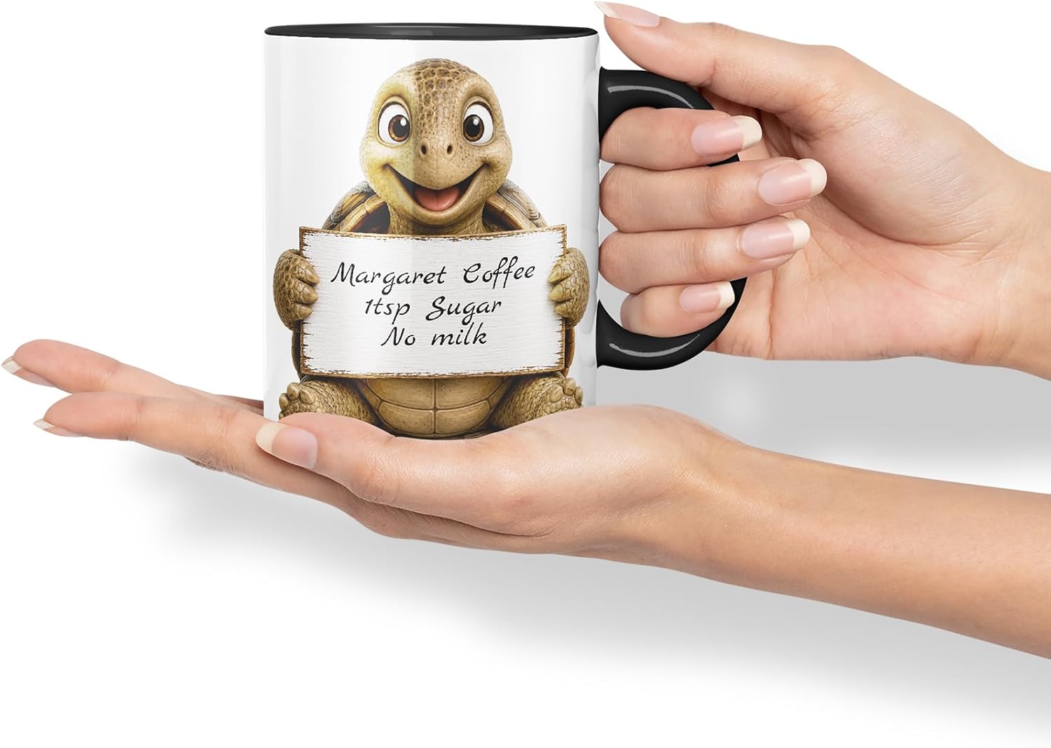 Vixar Personalised Turtle Mug with Name or Custom Message – Cute Animal Coloured Ceramic Mug Cup Gift, 11oz (Black)