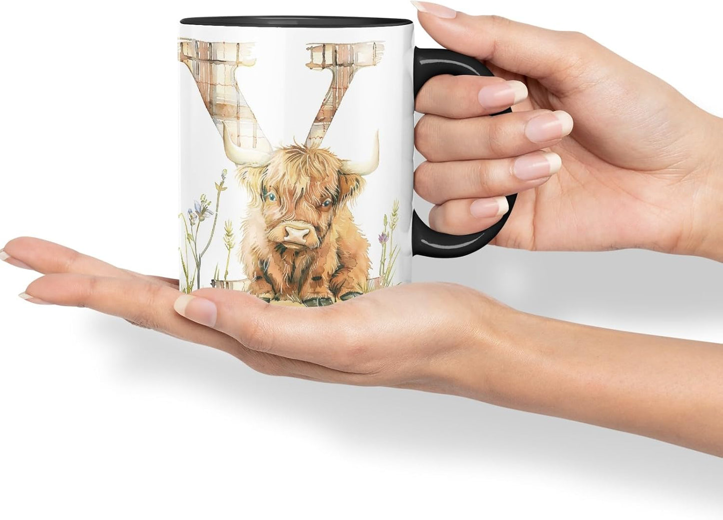 Vixar Highland Cow Alphabet Monogram Coloured Ceramic Cup Mug – Letter Y – Rustic Farmhouse Animal Letter Gift – 11oz (Black)