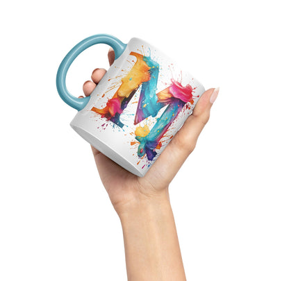 Letter M mug, Alphabet Letter M Monogram watercolour Ceramic Coloured Mug Cup for Tea Coffee Hot brew 330ml 11Oz Gift