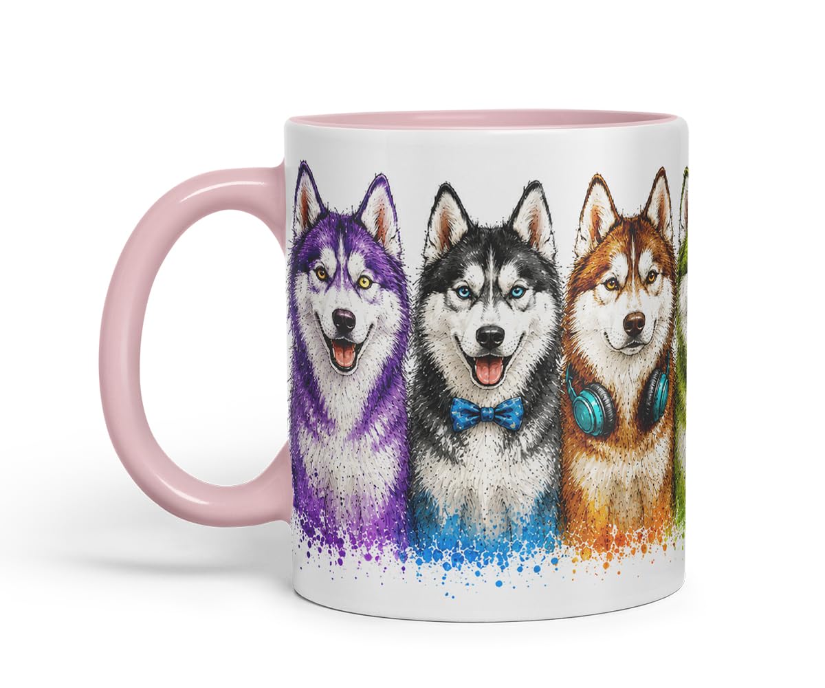 Huskies Mug – Cute Husky Dogs Coloured Ceramic Mug Cup Gift, 11oz (Black)