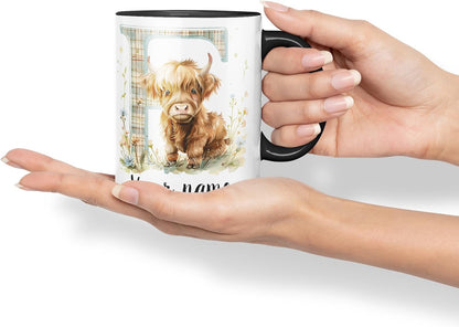 Vixar Personalised Highland Cow Initial Letter F Custom Name Mug – Coloured Ceramic Mug Cup Gift, 11oz (Black)
