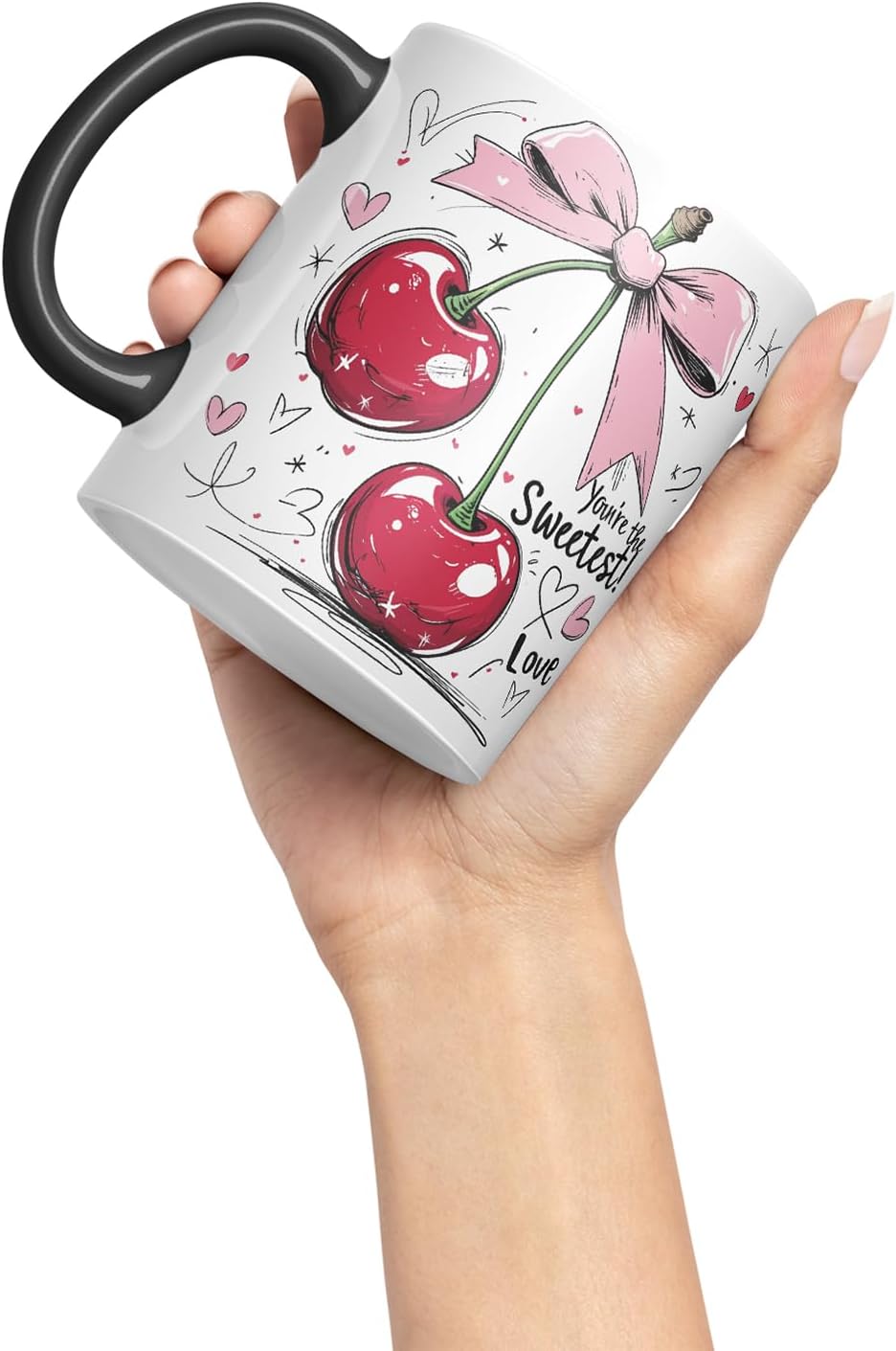 Sweetest Cherry Love Mug – Coloured Ceramic Mug Cup Gift, 11oz (Black)