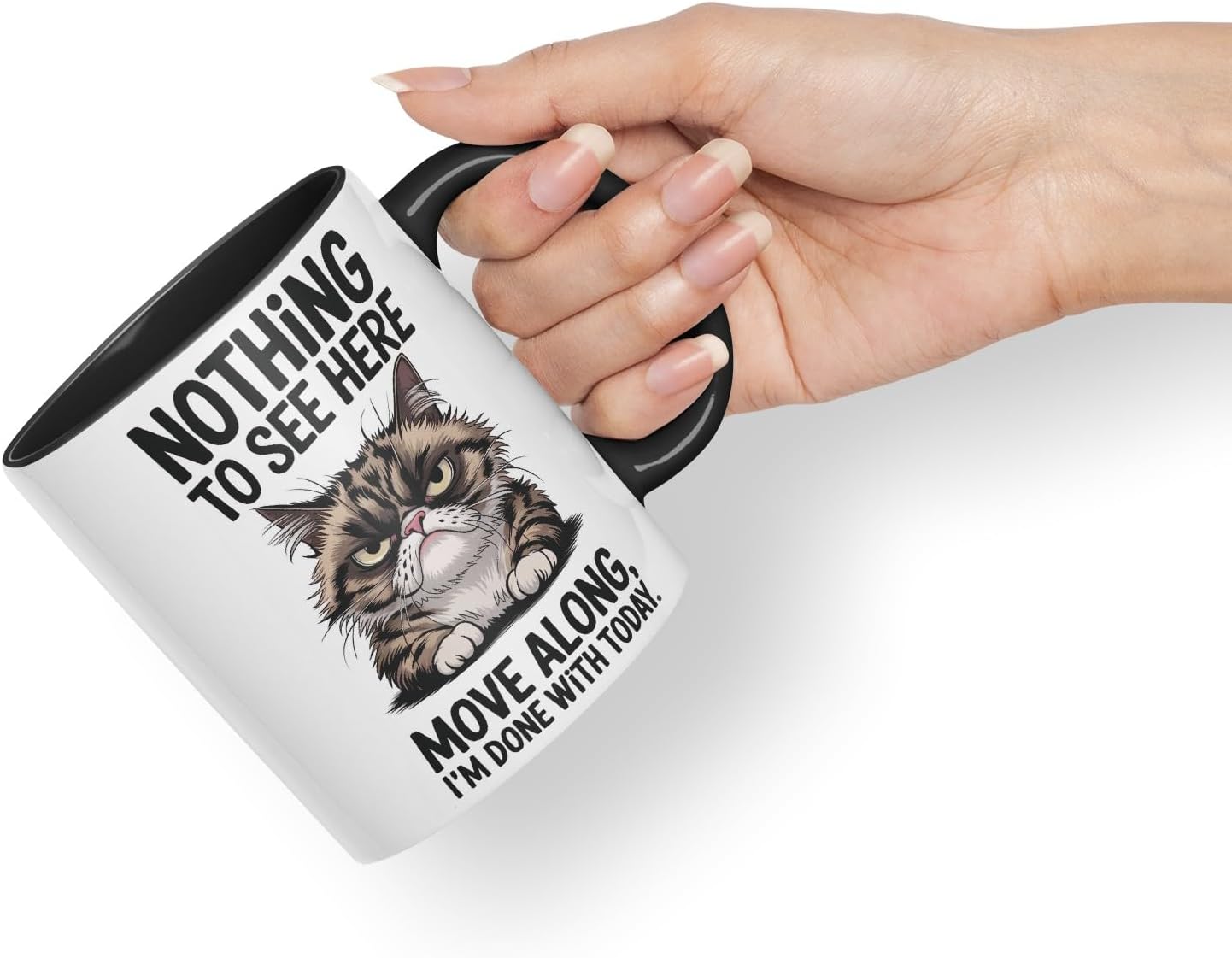 Vixar Nothing to See Here Move Along Cat Mug – Coloured Ceramic Mug Cup Gift, 11oz (Black)