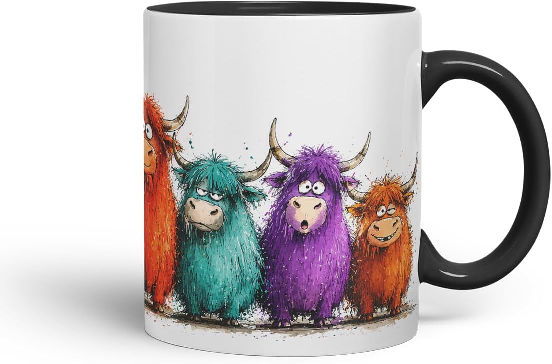 Vixar Funny Highland Cow Mug – Cute Scottish Cow Animal Coloured Ceramic Mug Cup Gift, 11oz (Black)