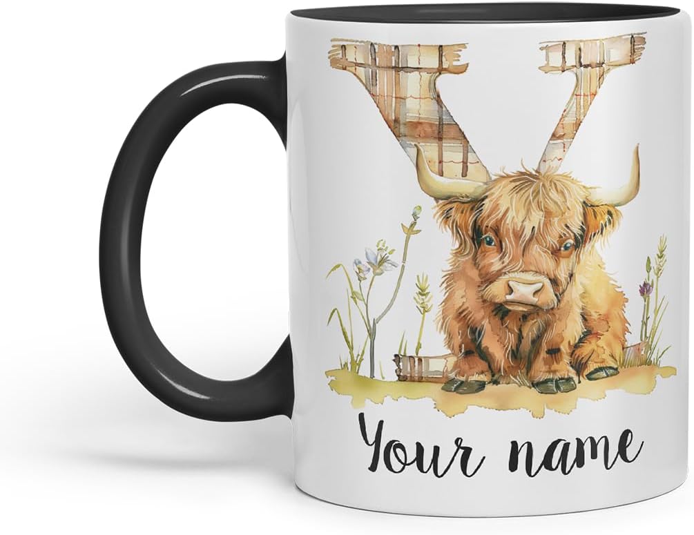 Vixar Personalised Highland Cow Initial Letter Y Custom Name Mug – Coloured Ceramic Mug Cup Gift, 11oz (Black)