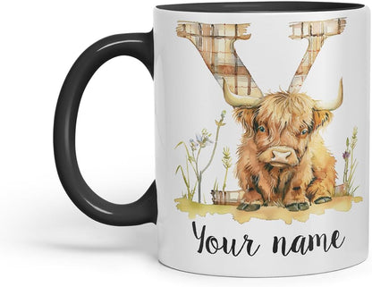 Vixar Personalised Highland Cow Initial Letter Y Custom Name Mug – Coloured Ceramic Mug Cup Gift, 11oz (Black)
