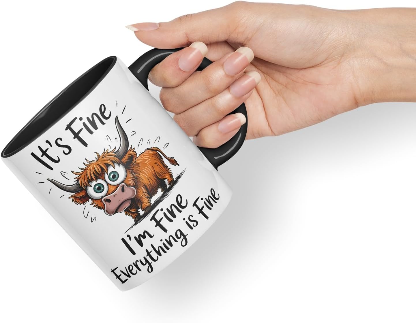 Vixar It's Fine I'm Fine Everything is ..., Highland Cow Scottish Joke Sarcastic Ceramic Coloured Mug Cup 330ml 11Oz (Black)