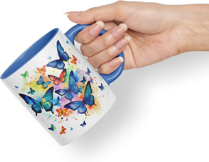 Vixar Ceramic Mug “Blue Butterflies” – Coloured Coffee & Tea Mug Cup 11oz 330ml (Cambridge Blue)