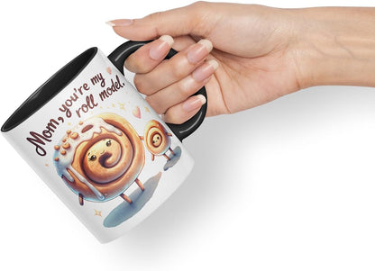Vixar Mom You're My Roll Model Funny Cinnamon Roll Mother Mum Mug – Coloured Ceramic Mug Cup Gift, 11oz (Black)