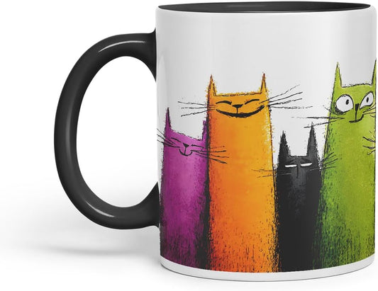 Vixar Funny Colourful Cute Cats Design – Coloured Ceramic Mug Cup Gift, 11oz (Black)