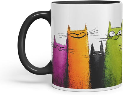 Vixar Funny Colourful Cute Cats Design – Coloured Ceramic Mug Cup Gift, 11oz (Black)