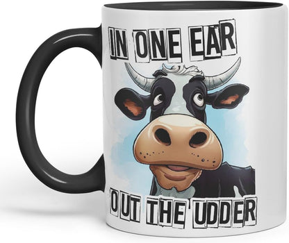 Vixar in One Ear Out The Udder Cow Joke Coloured Ceramic Mug Cup Gift, 11oz (Black)