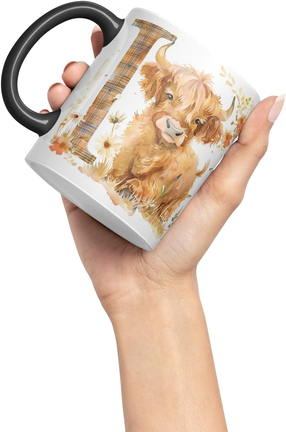 Vixar Highland Cow Alphabet Monogram Coloured Ceramic Cup Mug – Letter I – Rustic Farmhouse Animal Letter Gift – 11oz (Black)