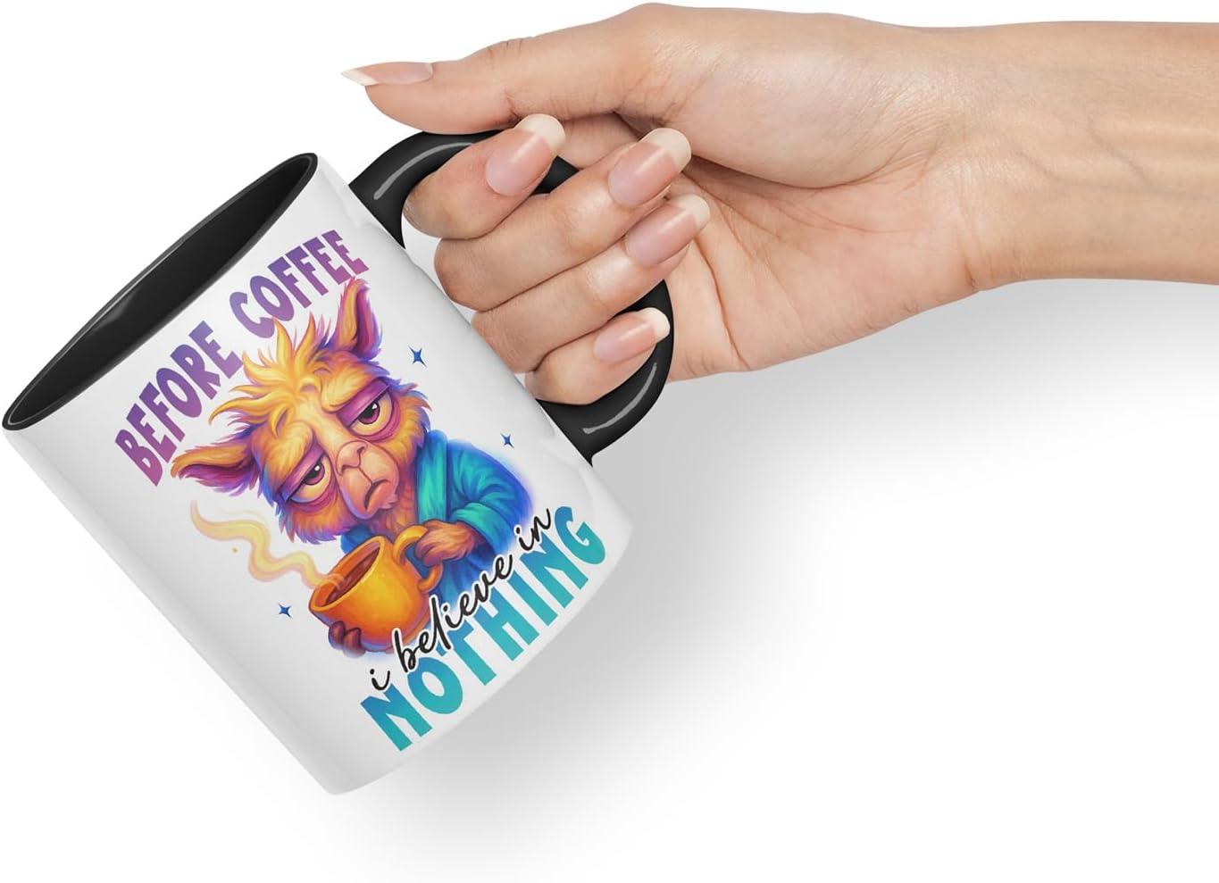 Vixar Before Coffee I Believe in Nothing Funny Llama Mug – Coloured Ceramic Mug Cup Gift, 11oz (Black)