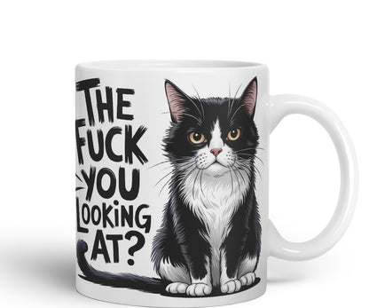 Vixar The F*** You Looking at? Sarcastic cat Coloured Ceramic Mug Cup Gift, 11oz (Black)