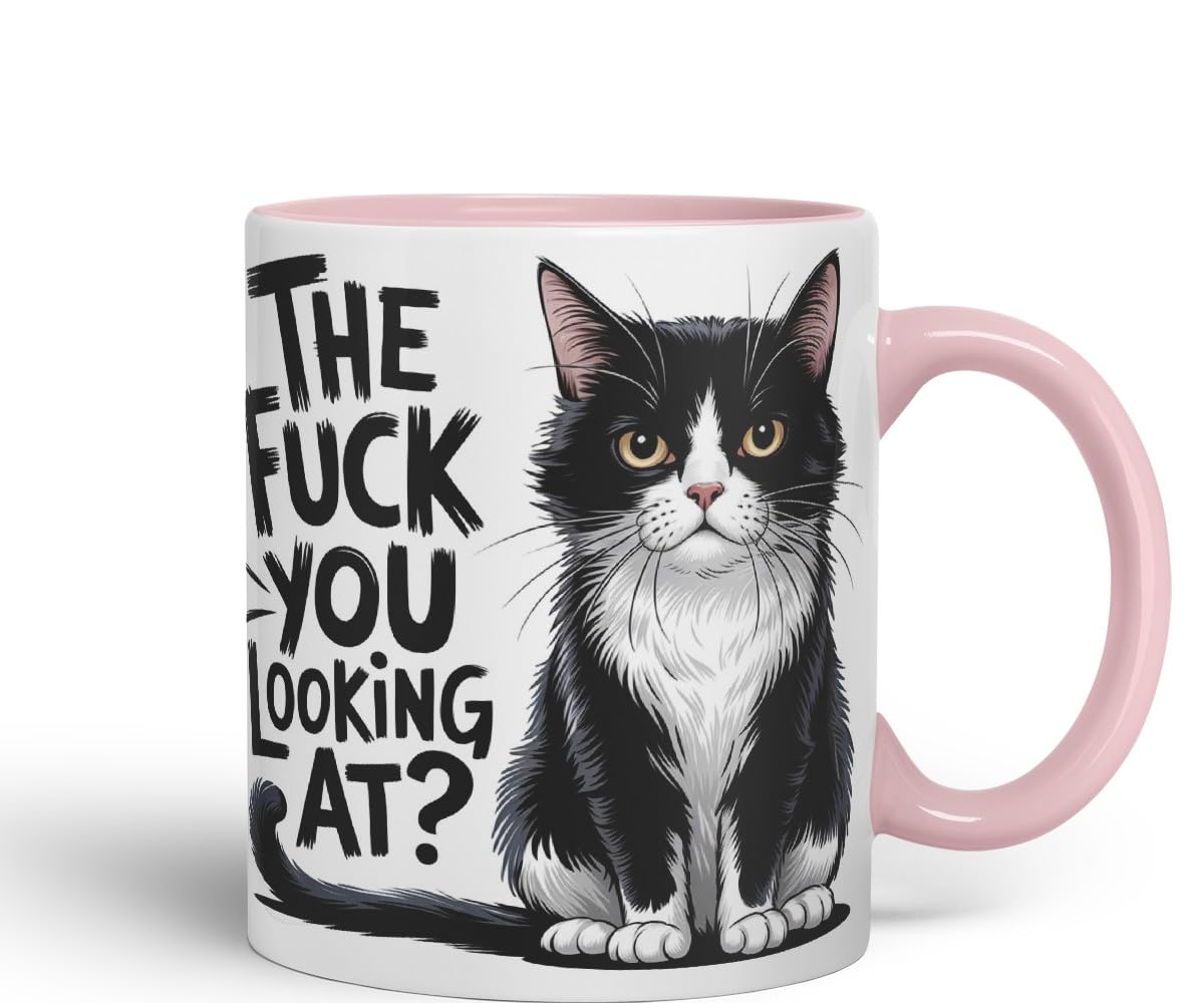 Vixar The F*** You Looking at? Sarcastic cat Coloured Ceramic Mug Cup Gift, 11oz (Black)