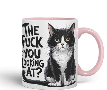 Vixar The F*** You Looking at? Sarcastic cat Coloured Ceramic Mug Cup Gift, 11oz (Black)