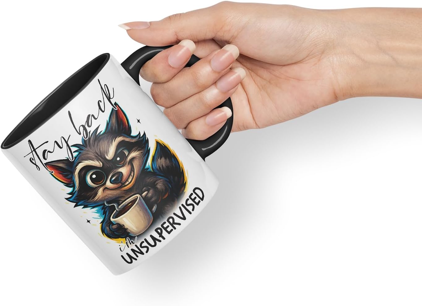 Vixar Stay Back I'm Unsupervised Funny Raccoon Coffee Mug – Coloured Ceramic Mug Cup Gift, 11oz (Black)