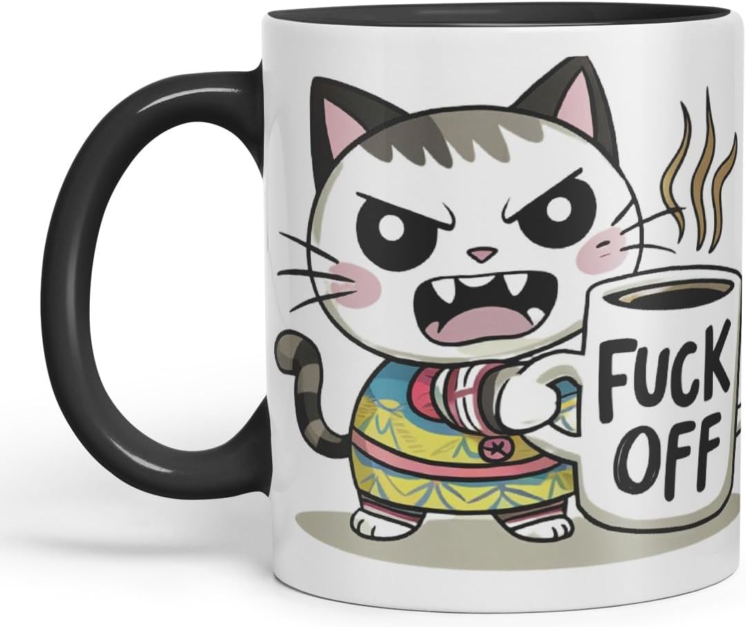 Vixar Angry Cat F** Off – Coloured Ceramic Mug Cup Gift, 11oz (Black)