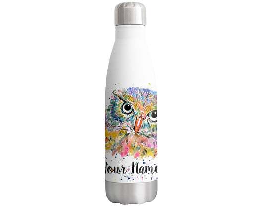 Vixar Owl Personalised Custom Bottle with your Text/name Watercolour owls Bird Animals Bottle Double Wall Insulated Stainless Steel Sport Drinks 500ml V1