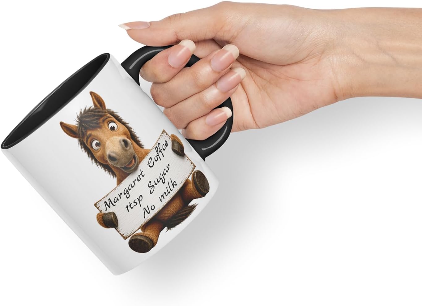 Vixar Personalised Horse Mug with Name or Custom Message – Cute Animal Coloured Ceramic Mug Cup Gift, 11oz (Black)