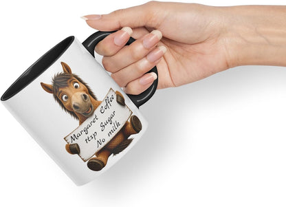 Vixar Personalised Horse Mug with Name or Custom Message – Cute Animal Coloured Ceramic Mug Cup Gift, 11oz (Black)