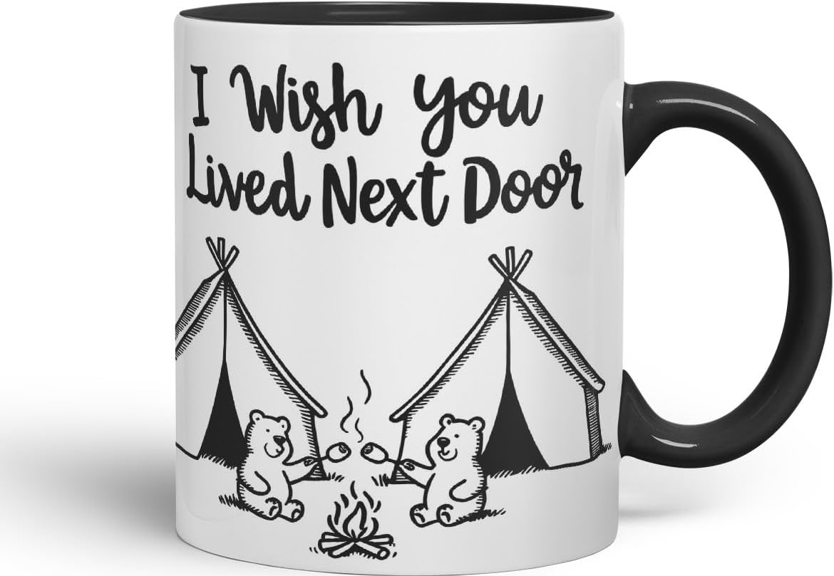 Vixar I Wish You Lived Next Door Bears Camping Coloured Mug Cup Friendship Long Distance Gift 11oz (Black)