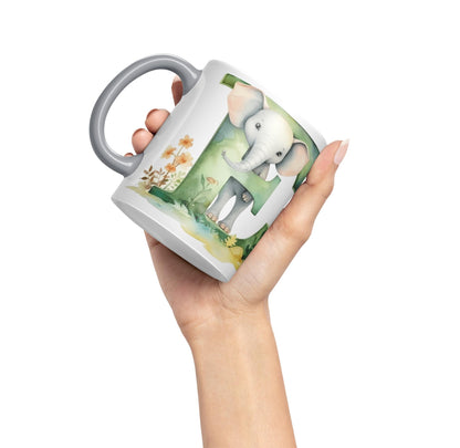 Letter E mug, Animals Alphabet Letter E Monogram animal for kids Ceramic Coloured Mug Cup for Tea Coffee Hot brew 330ml 11Oz Gift