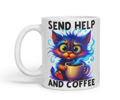 Vixar Send Help and Coffee Funny Cat Coffee Mug – Coloured Ceramic Mug Cup Gift, 11oz (Black)