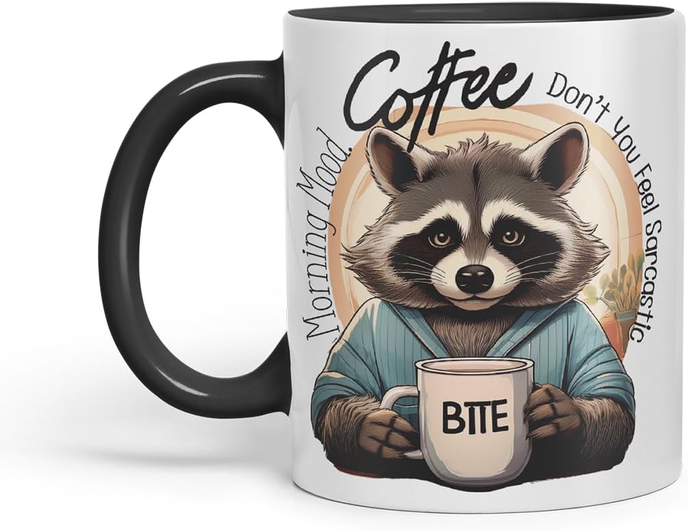 Vixar Coffee Don't You Feel Sarcastic This Morning Bite Raccoon – Coloured Ceramic Mug Cup Gift, 11oz (Black)