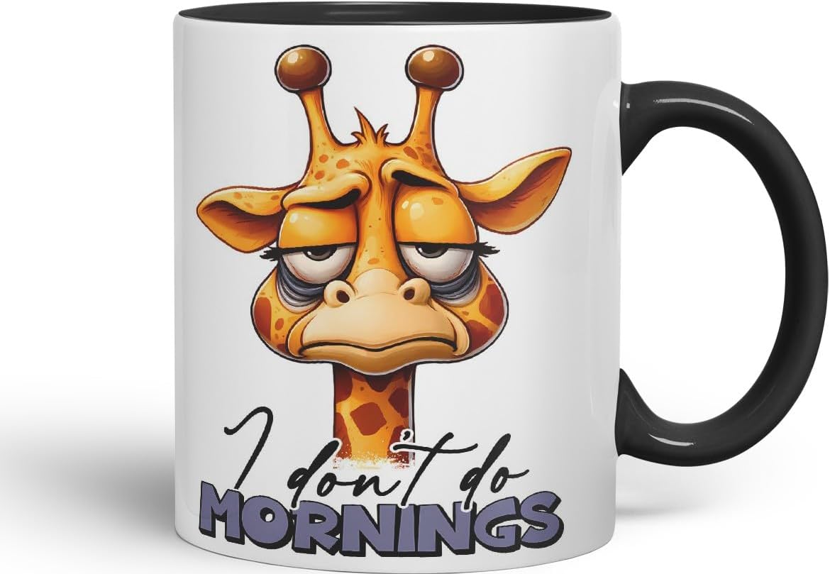 Vixar I Don’t Do Mornings Sarcastic Giraffe Mug, Coloured Ceramic Cup 11oz (Black)