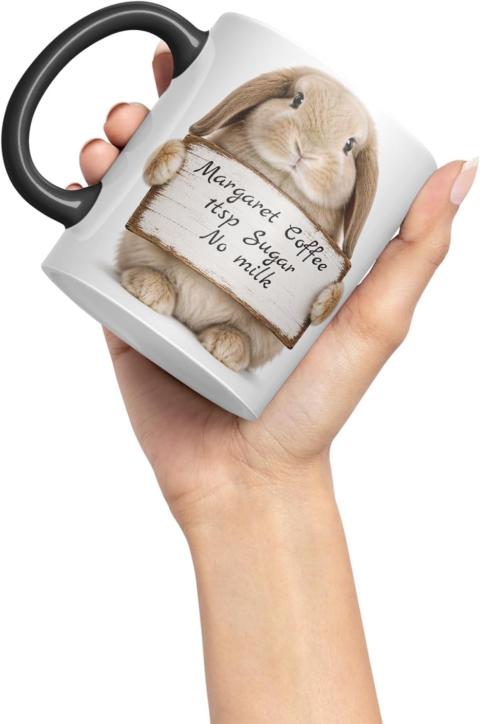Vixar Personalised Lop Rabbit Mug with Name or Custom Message – Cute Animal Coloured Ceramic Mug Cup Gift, 11oz (Black)