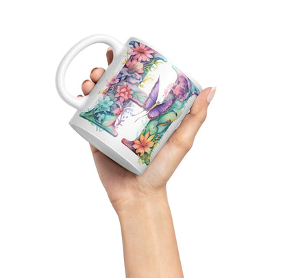 Letter H mug, Floral flowers butterfly Alphabet Letter H Monogram watercolour Ceramic Coloured Mug Cup for Tea Coffee Hot brew 330ml 11Oz Gift